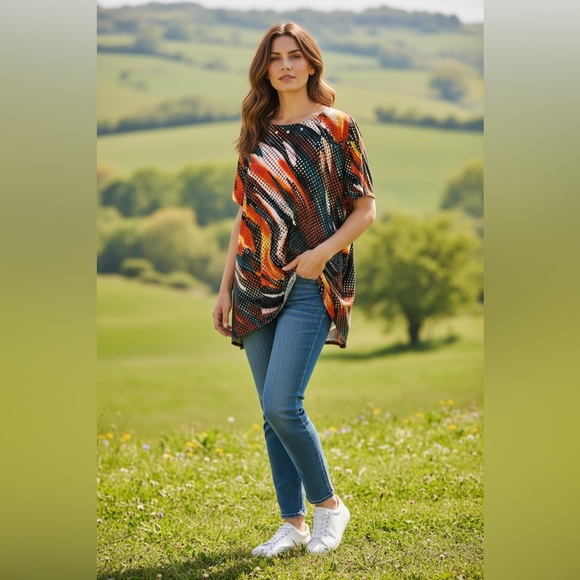 Max & Rina Tops - Max & Rina‎ Women's Boho Vibrant Multicolor Print Flowy Tunic Blouse.